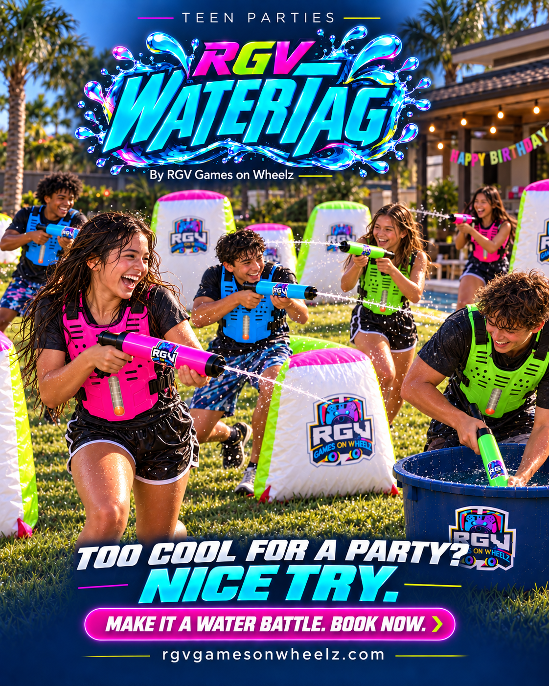 RGV Games on Wheelz outdoor water tag game with inflatable bunkers and water blasters in the Rio Grande Valley